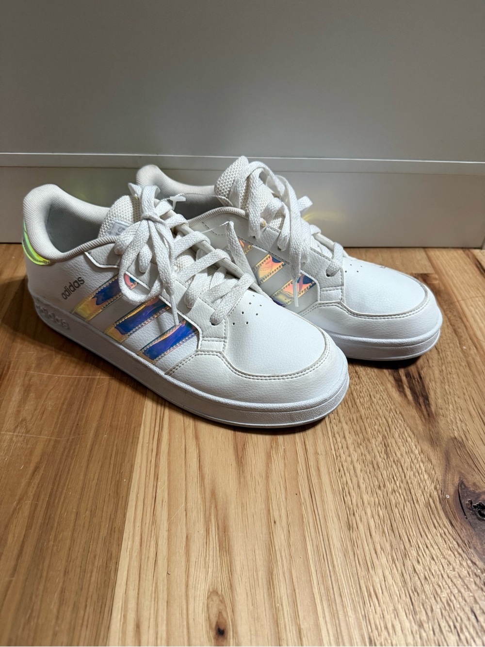 adidas Kids' White Court Shoes with Iridescent Stripes